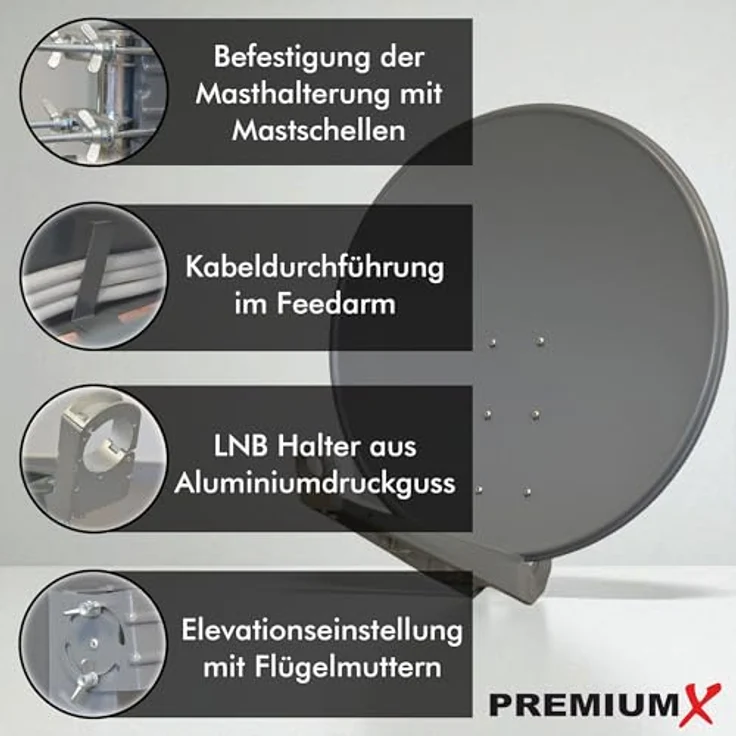 PremiumX DELUXE100 Satellitenantenne, 100 cm Aluminium Anthrazit, hohe Empfangsqualität mit 40,3 dB Gewinn und Multifeed geeignet – Bild 3