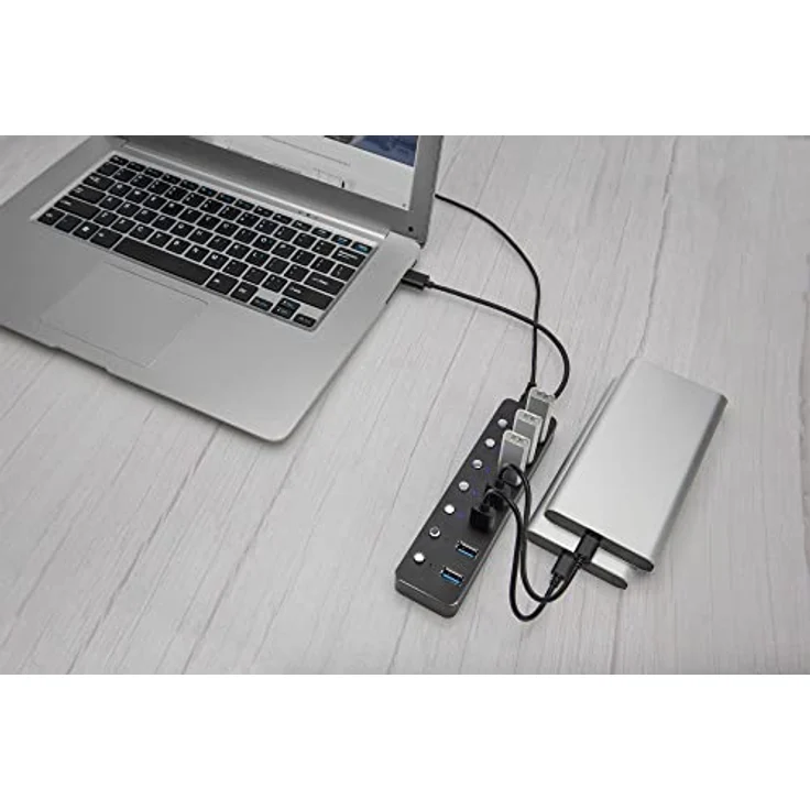 DIGITUS 7 Port USB 3.0 Hub - bis zu 5 Gbps - Ports einzeln schaltbar - inkl. USB-A auf USB-C-Adapter - Plug & Play - Aluminium Gehäuse - mit Netzteil - dunkelgrau – Bild 5
