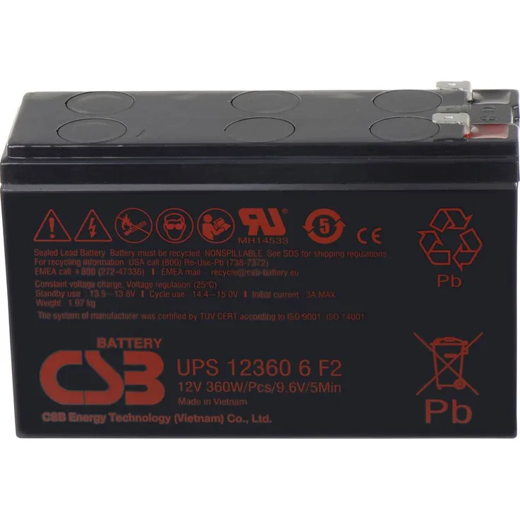 CSB Battery UPS 123606, Bleiakku 12V 7Ah AGM, flach, für USV-Anlagen, Notfallbeleuchtung, 151 x 99 x 51mm, Flachstecker 6.35mm