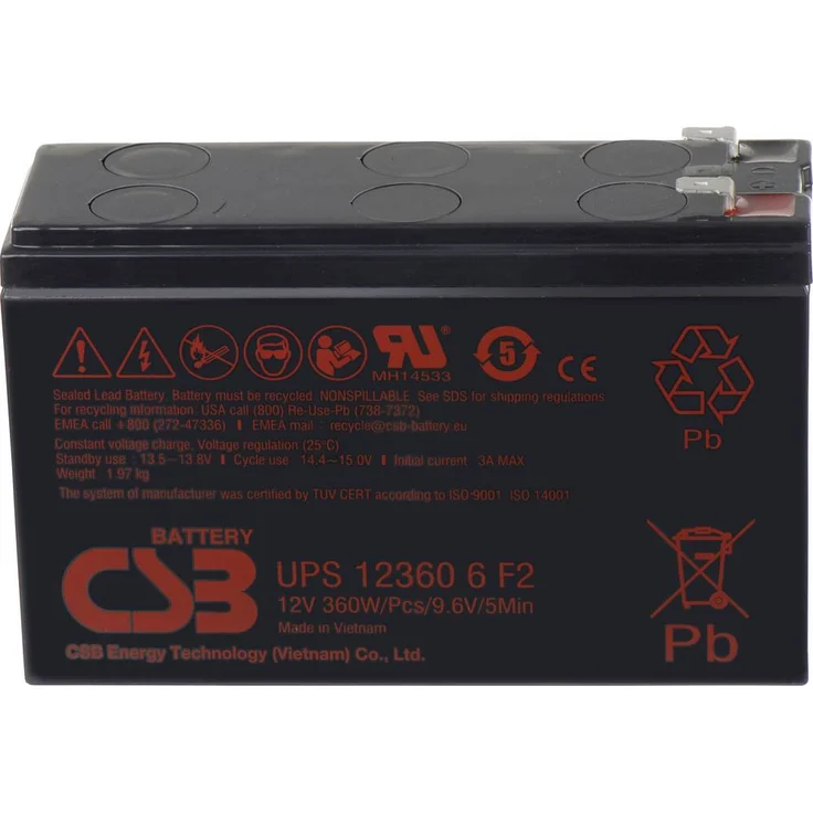 CSB Battery UPS 123606, Bleiakku 12V 7Ah AGM, flach, für USV-Anlagen, Notfallbeleuchtung, 151 x 99 x 51mm, Flachstecker 6.35mm