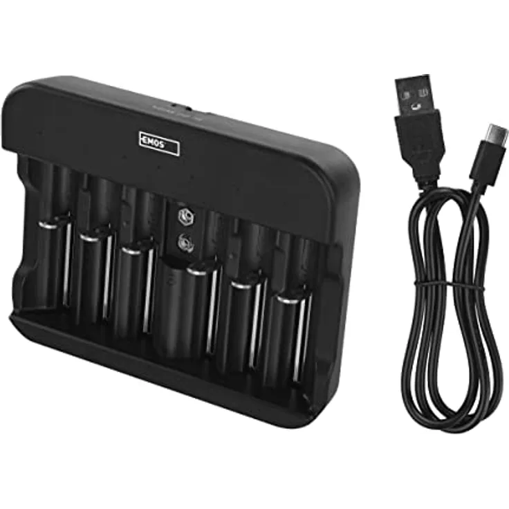 EMOS univerales Akku-Ladegerät NiMH, NiCd für 6 Akkus, Schnell-Ladegerät 500 mA, für 1-6x AAA, AA, C, D, 9 V aufladbare Batterien, inkl. USB-C Kabel, LED-Anzeige, Akkuschutz, Sicherheitsfunktionen