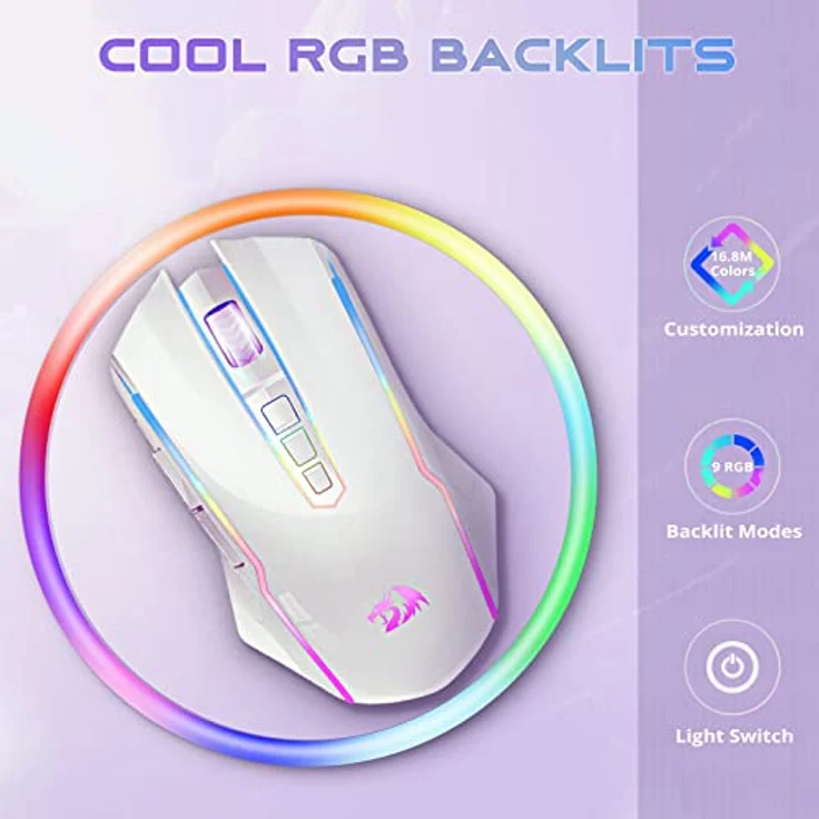 Redragon RGB Gaming Maus, kabellose Wiederaufladbare mit 8000 DPI, 9 programmierbaren Tasten, ergonomisches Design, Weiß – Bild 2