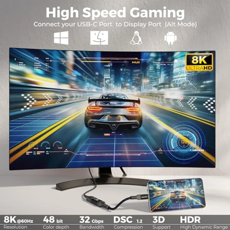 deleyCON 8K USB-C auf DisplayPort Adapter, Aluminium, 8K@60Hz / 4K@120Hz, für iPhone 17/16/15 Pro Max Air, MacBook, Black/Blue – Bild 4