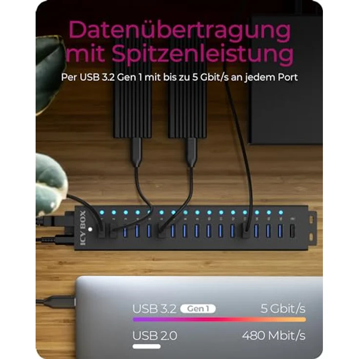 ICY BOX USB HUB (17 Ports) 16x USB & 1x USB Laden, USB 3.2 Gen 1 (5 Gbit/s pro Port), mit 96W Netzteil, USB-A, Aluminium, IB-HUB1717-U3 – Bild 4