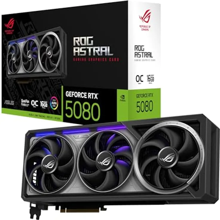 ASUS ROG Astral GeForce RTX 5080 16GB GDDR7 OC Edition Gaming Grafikkarte, Vier Lüfter, PCIe 5.0, 2X HDMI 2.1b, 3X DisplayPort 2.1a, Vollmetall-Druckguss-Gehäuse, schwarz