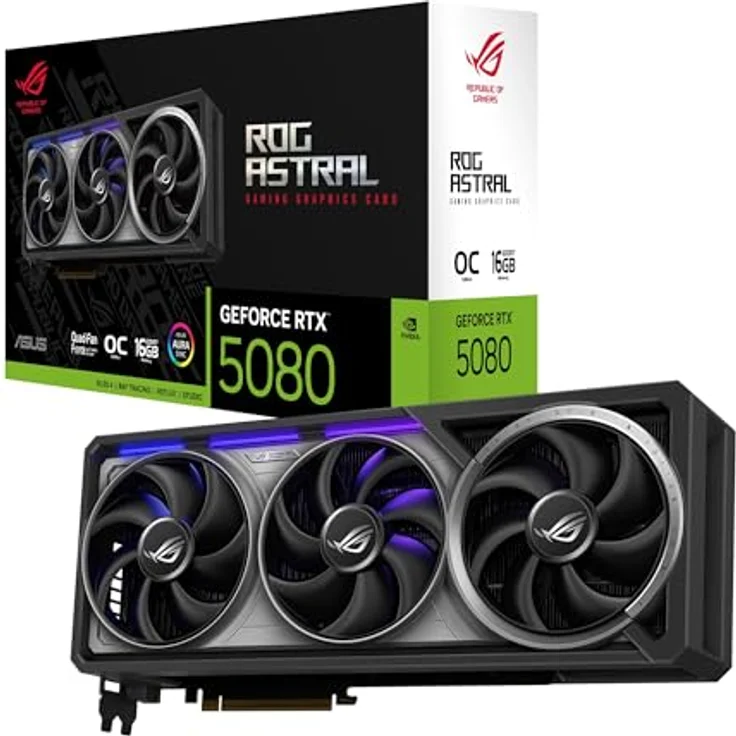ASUS ROG Astral GeForce RTX 5080 16GB GDDR7 OC Edition Gaming Grafikkarte, Vier Lüfter, PCIe 5.0, 2X HDMI 2.1b, 3X DisplayPort 2.1a, Vollmetall-Druckguss-Gehäuse, schwarz – Bild 1