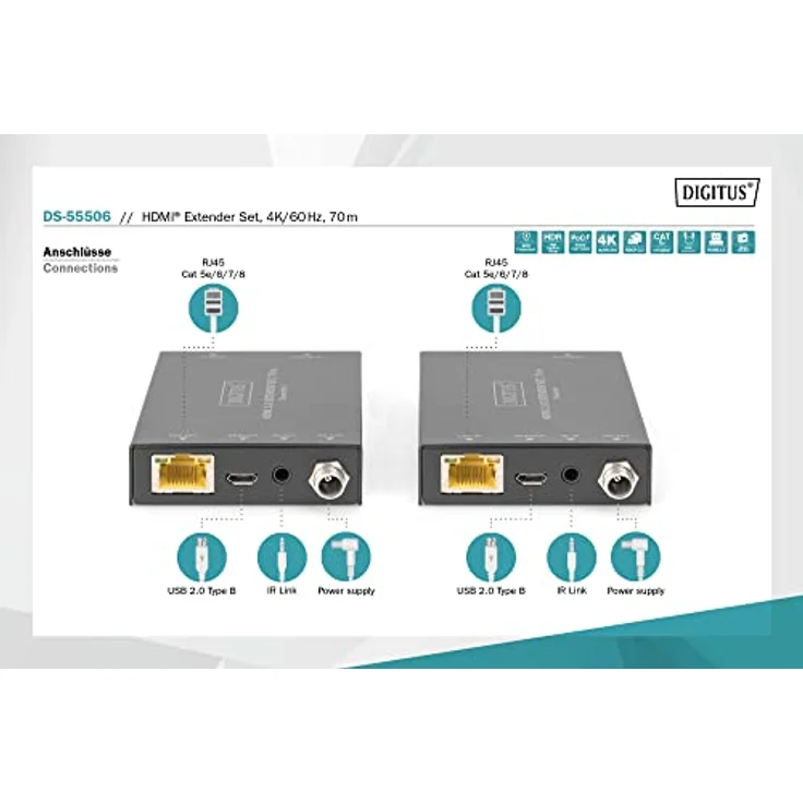 DIGITUS HDMI 2.0 Extender Set, 70 m 4K/60Hz, 18 Gbps, HDCP 2.2, HDR, PoC – Bild 2