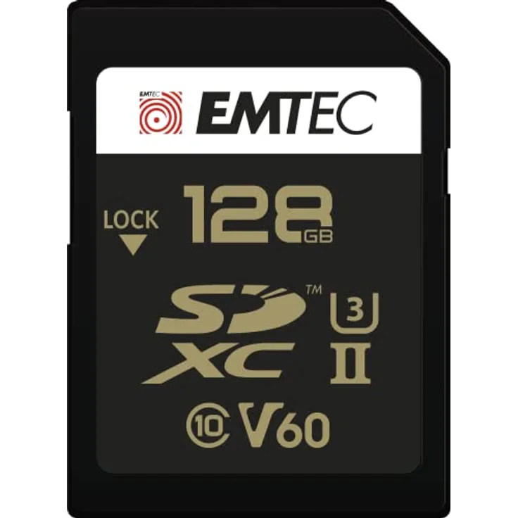 EMTEC - SDXC UHS-II U3 V60 SpeedIN Pro+ ECMSD128GUHS2V60 – Speicherkarte – Serien-Fotos, Full HD, 3D, 4K, 8K UHD – Speicherkapazität 128 GB, 128 GB – 2 Reihen PIN auf der Rückseite – Schwarz/Gold