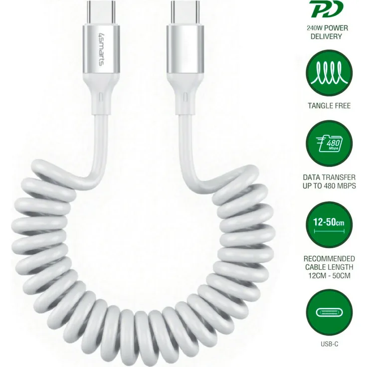 4smarts USB-C zu USB-C Spiralkabel 240W, dehnbar von 12–50 cm, Weiß
