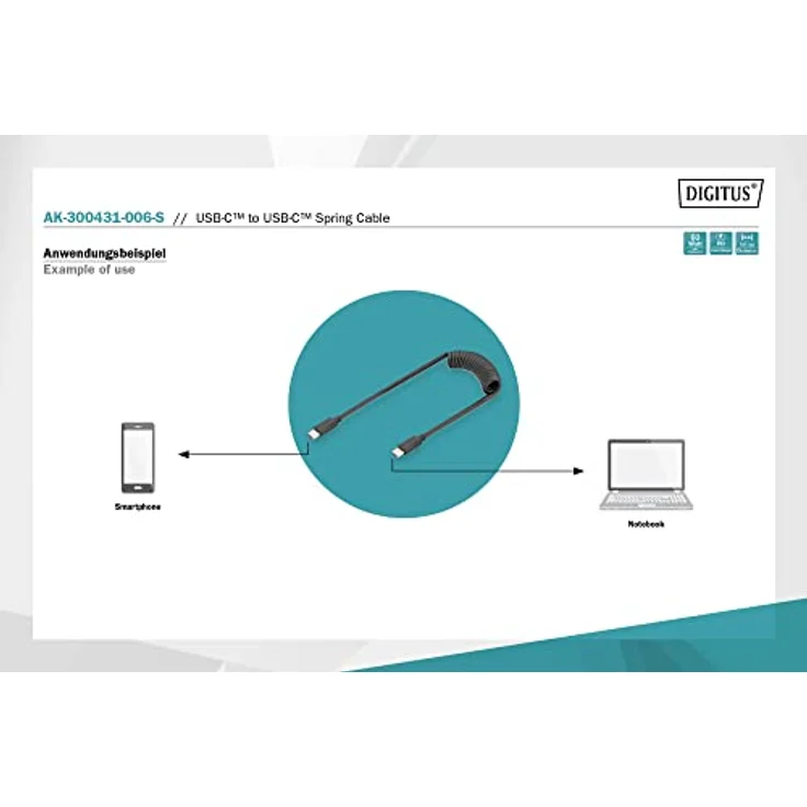 DIGITUS USB 2.0 - USB - C auf USB - C Spiralkabel - USB 2.0, PD 60W Max; 1m, Schwarz – Bild 3