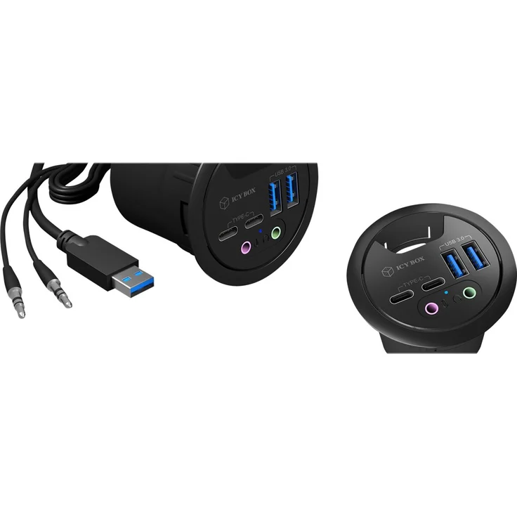 ICY BOX USB 3.0 Tisch Hub (60 mm) zum Einbau, 2x USB-C, 2x USB-A, Audio, Kabeldurchführung, Schwarz – Bild 2