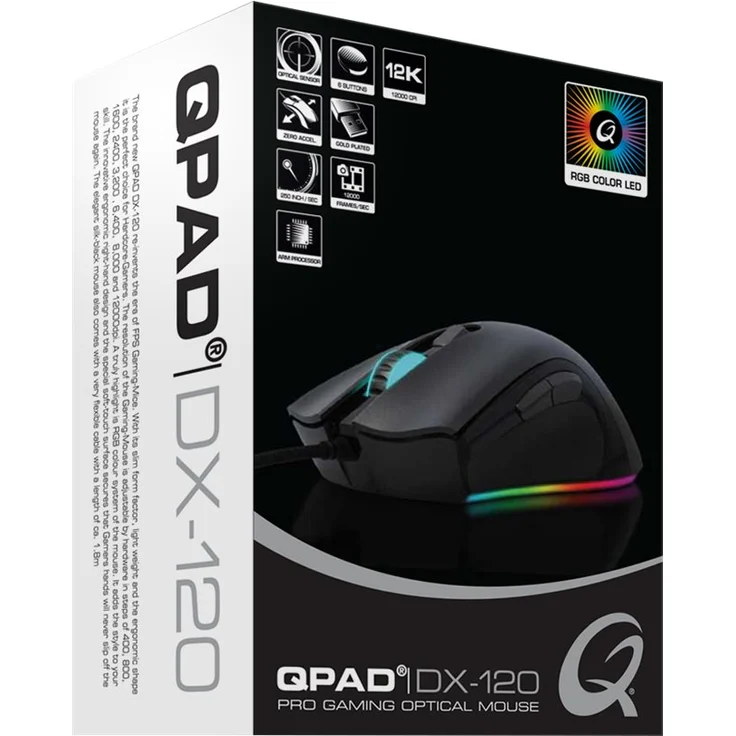 Qpad DX-120 Pro Gaming Maus, Computermaus für PC, Laptop, Computer, Mac, MacBook, Optical Mouse mit optischem Sensor für FPS Spiele, 12.000 DPI, LED Beleuchtung, kabelgebunden (Wired), USB, Schwarz – Bild 5