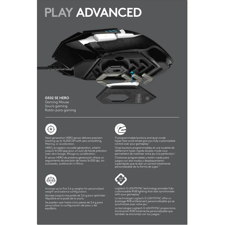 Logitech G502 Hero Gaming Maus Special Edition, Hero 16000 DPI Sensor, RGB-Beleuchtung, Gewichtstuning, 11 Programmierbare Tasten, Benutzerdefinierte Spielprofile, EU Version, PC-Mac - Schwarz-Weiß – Bild 2