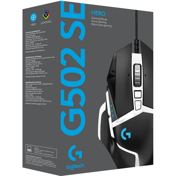 Logitech G502 Hero Gaming Maus Special Edition, Hero 16000 DPI Sensor, RGB-Beleuchtung, Gewichtstuning, 11 Programmierbare Tasten, Benutzerdefinierte Spielprofile, EU Version, PC-Mac - Schwarz-Weiß – Bild 3