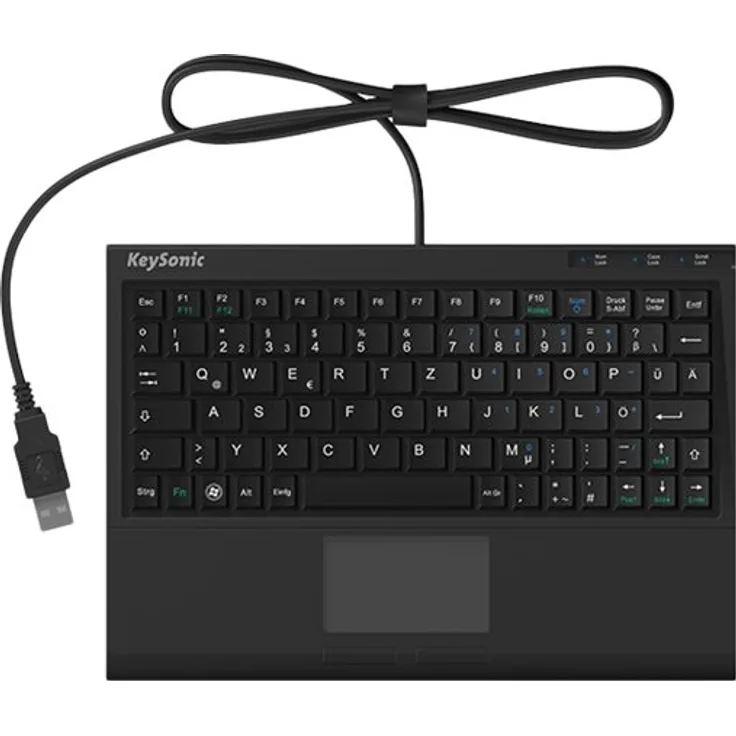 KEYSONIC Mini-Tastatur (US QWERTY) Touchpad ACK-3410 schwarz Touchpad ultraflache Bauform SoftSkin X-Type Technologie Blaue Status LEDs USB