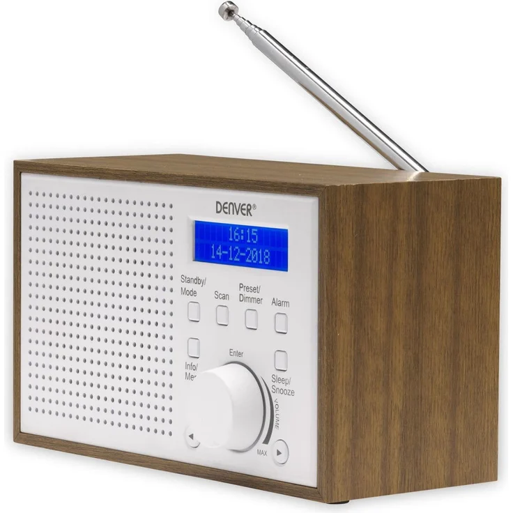 Digitalradio DAB + und FM DENVER DAB-46 Weiß Uhr und Wecker. Funktioniert mit Akku und Strom. Audioausgang 2 W. Holz-Finish – Bild 2