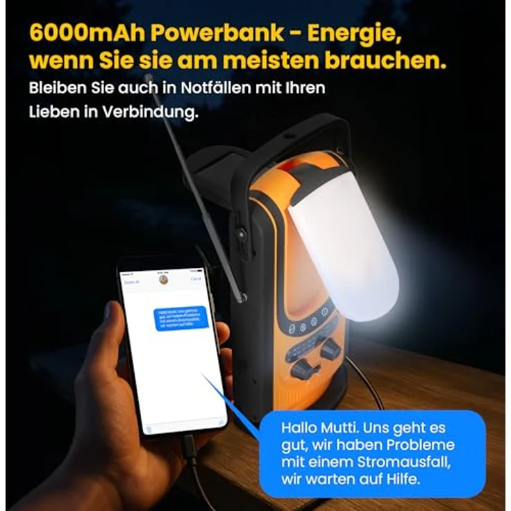 Extralink Power Ranger EPS-6000 Powerbank 6000 mAh UKW-Radio LED-Licht Handkurbel Solarpanel Notbeleuchtung und SOS-Alarmsystem, Schwarz/Gelb – Bild 5