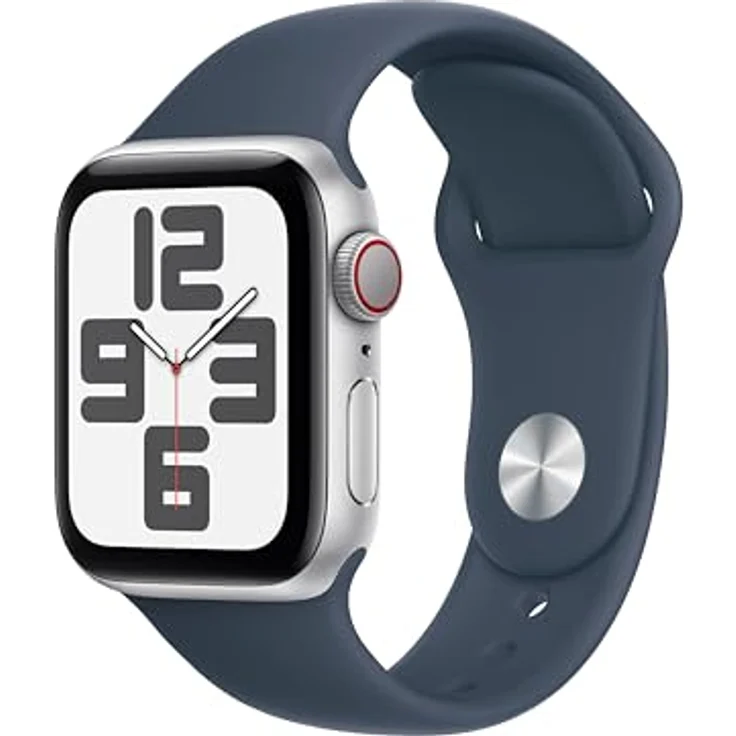 Apple Watch SE GPS + Cellular (2. generation), 40 mm Aluminiumgehäuse Silber, Sportarmband Sturmblau, S/M – Bild 1