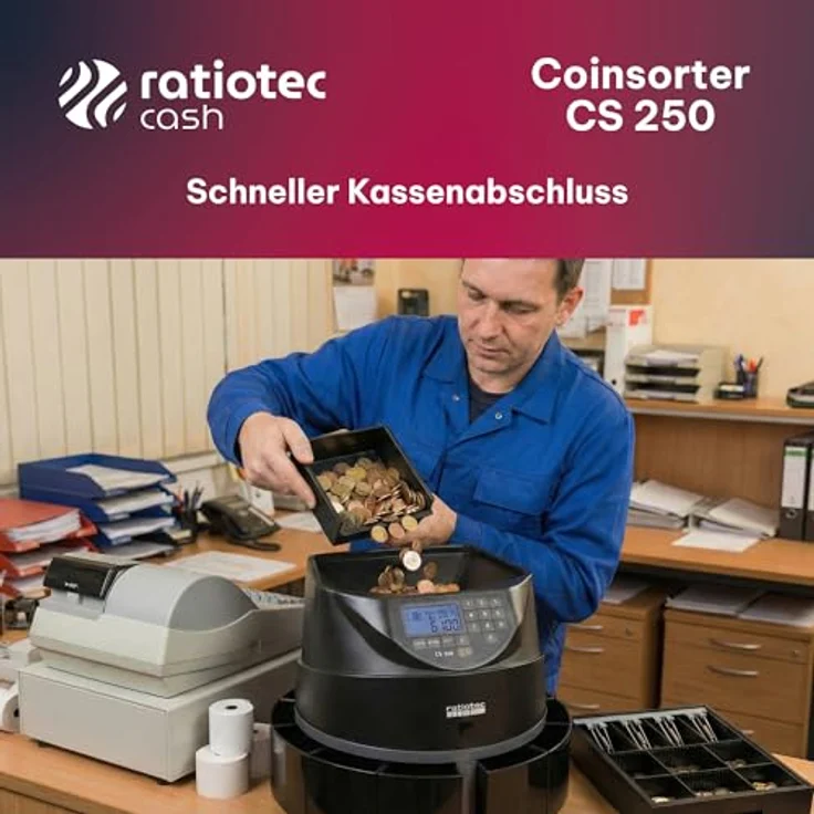 ratiotec Münzzähl- und Sortiermaschine CS 250, 550 Münzen/Min, LED-Display, 8 Hartgeldfächer, robustes Kunststoffgehäuse – Bild 8