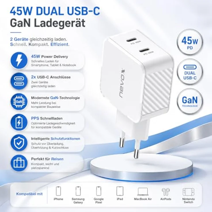 Nevox Dual USB-C Ladegerät 45W, 2 Ports, GaN-Technologie, Weiss – Bild 3