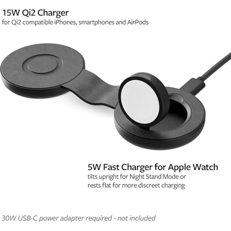 Twelve South Butterfly SE 2-in-1 Qi2 Reise-Ladegerät für iPhone, Airpods und Apple Watch Schwarz - Kabelloses Ladegerät für iPhone & Apple Watch mit zusammenklappbarem Design – Bild 2