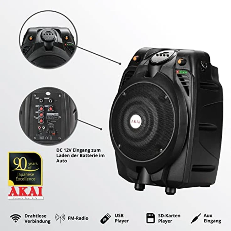 Akai SS02222A-X6, Tragbarer Aktivlautsprecher mit 30 W RMS, Bluetooth, USB/SD-Kartenleser, Mikrofon, schwarz – Bild 3