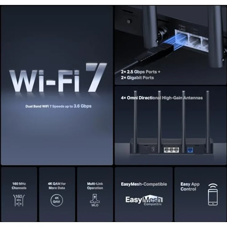 Mercusys BE3600 Dual-Band Wi-Fi 7 Router MR27BE, 2880 Mbit/s, 3 Gigabit Ethernet-Ports, Schwarz – Bild 3