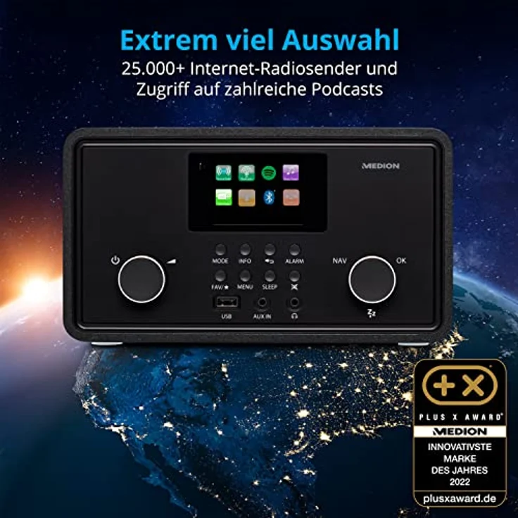 MEDION P85027 Internetradio (DAB Plus, UKW Radio, Spotify Connect, WLAN, Bluetooth, Streaming, Equalizer, Farbdisplay, USB, AUX, Wecker, Schlummerfunktion, Sleep Timer) schwarz – Bild 2