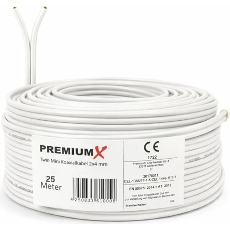 25 Meter Sat Koaxial Kabel 90dB Twin Mini 2x 4 mm, weiß, 25m Antennenkabel FullHD HDTV NEU – Bild 2
