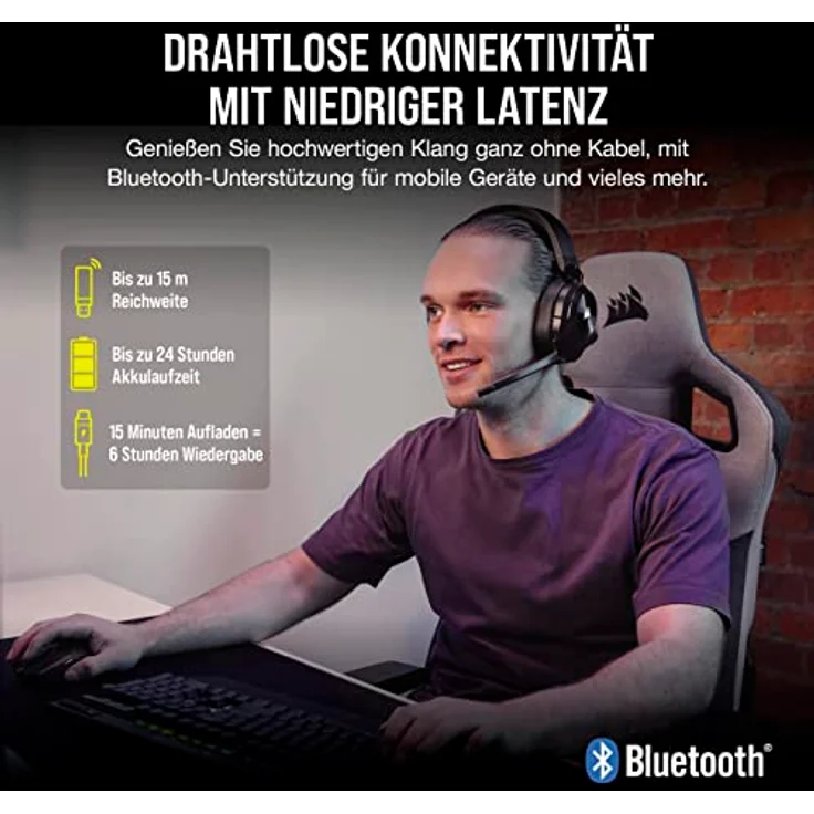 Corsair HS55 WIRELESS CORE Gaming-Headset - 2,4-GHz, Bis zu 15 Metern Bluetooth Reichweite, Leichte Konstruktion, Tempest 3D AudioTech der PS5 Kompatibel, Omnidirektionales Mikrofon - Schwarz – Bild 2
