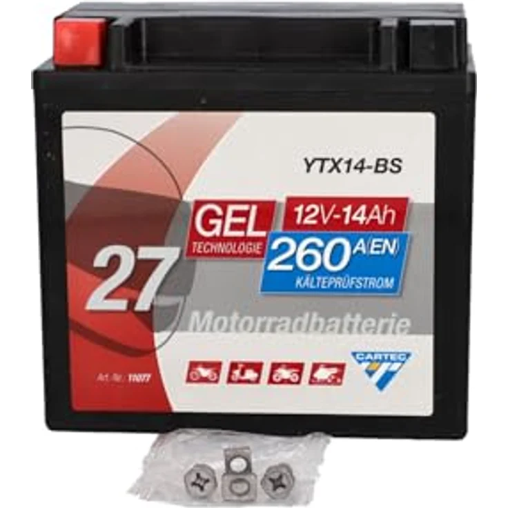 CARTEC Motorradbatterie YTX14-BS, 14Ah, 260A, wartungsfrei, Gel-Technologie, rüttelfest, schwarz – Bild 7