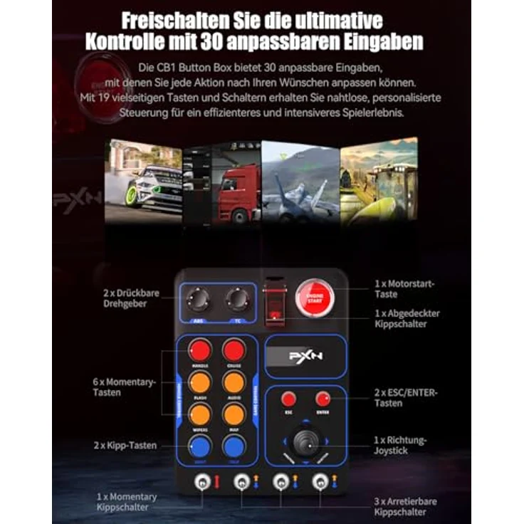 PXN CB1 Button Box, PC Seitenkonsole mit 19 Tasten & Schaltern, RGB-Beleuchtung, kompatibel für Sim-Racing, Truck- und Flugsimulatoren – Bild 3