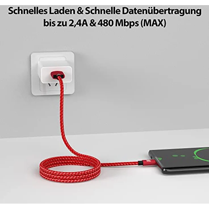 JAMEGA Premium Micro USB Kabel | Nylon geflochtenes 2m Ladekabel für Micro USB Geräte - Rot – Bild 2