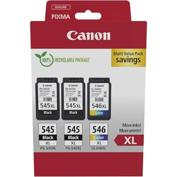 Canon PG-545XL x2/CL-546XL, Triple Pack Tintenpatrone mit 15-ml Schwarz (2x) und 13-ml Farbe für bis zu 800/300 A4-Seiten