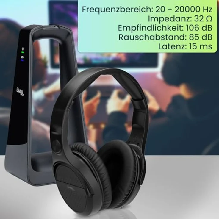 Casativo Digitaler Stereo-Funk-Kopfhörer mit 2-in-1 Funk- & Ladestation, kabellos, 30 m Reichweite, kristallklarer Sound, schwarz – Bild 4