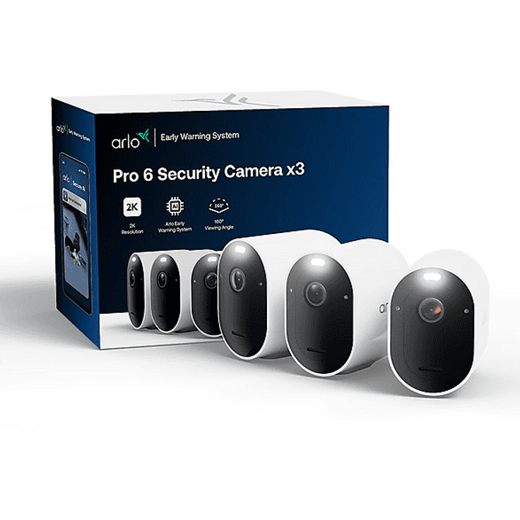 ARLO Pro 6 2K+ Überwachungskamera, 3er Set mit HDR, 160° Weitwinkel, KI-gestütztem Early Warning System und integrierter Sirene