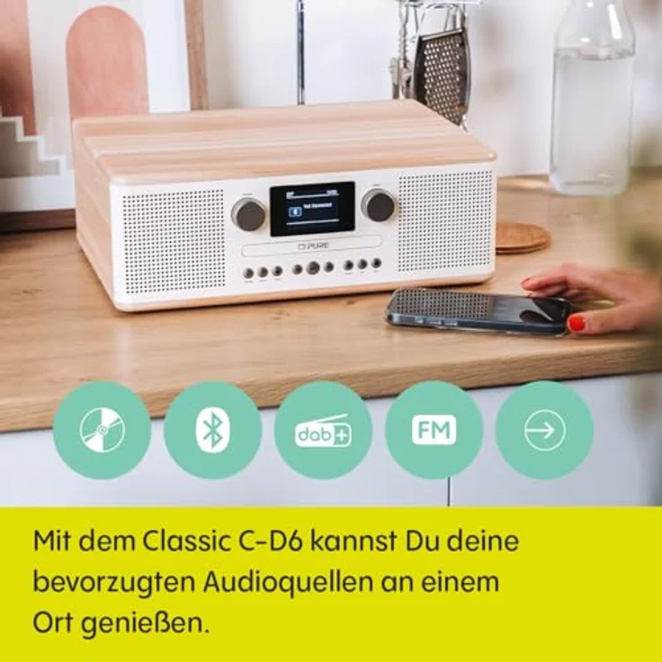Pure Classic C-D6 Musiksystem (CD-Player, DAB+/FM, Bluetooth, AUX, USB, Wecker, Sleeptimer) Cotton White/Oak – Bild 3