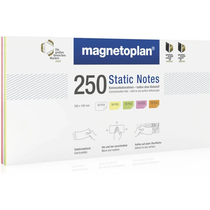 magnetoplan® Notizzettel Statische Notizen, 200x100mm, 250 Stück sortiert in Weiß/Gelb/Grün/Rosa/Orange, trocken abwischbar, haften ohne Klebstoff – Bild 1
