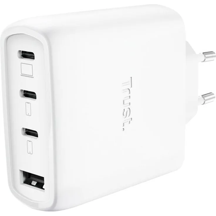 Trust Maxo 65W Universal AC Schnellladegerät, Weiß, mit 3 USB-C- und 1 USB-A-Anschluss, umweltfreundlich aus 50 % recycelten Materialien, inkl. 2 m USB-C-Kabel