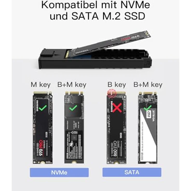 Inateck NVMe M.2 USB 3.2 Festplattengehäuse mit Kühlkissen 10 Gbps, unterstützt M.2 SATA B+M Key und NVMe M Key/B+M Key SSD (2242, 2260, 2280) mit USB CC und USB AC Kabel, werkzeuglos, FE2025 – Bild 2