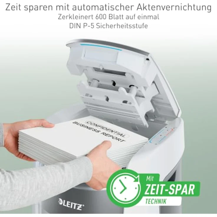 LEITZ IQ OptiMax Autofeed Office Pro 600, Aktenvernichter mit Partikelschnitt P-5, 55 dB, 50 l Auffangbehälter, bis 600 Blatt – Bild 2