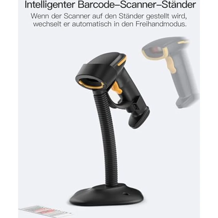 Inateck BCST-35, Kabelloser 2D Barcode Scanner mit 2600mAh Akku und intelligentem Ständer, Bluetooth und APP Unterstützung, gelb – Bild 4
