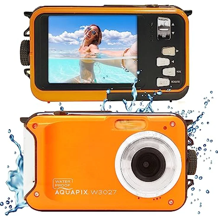 Aquapix W3027 'Wave' Unterwasserkamera, wasserfest bis 3 m, 2.7" Display, bis zu 30 MP Auflösung, 4X Digital-Zoom, 5 MP Sensor, Orange – Bild 1