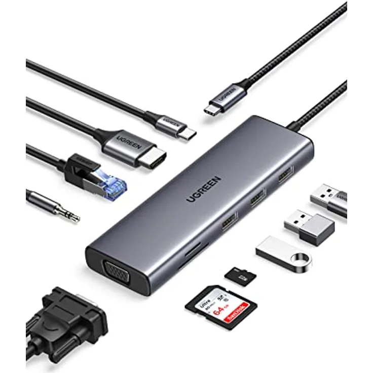 UGREEN Revodok USB C Docking Station Dual Display 10 IN 1 USB C Hub mit HDMI, VGA, 3X USB 3.0, PD 100W, Ethernet, 3.5mm Aux, SD/TF Kompatibel mit MacBook Pro/Air, Surface, Dell, Lenovo, HP usw.