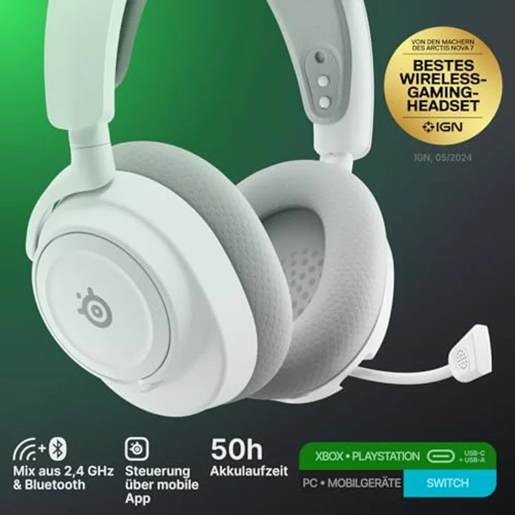 SteelSeries Arctis Nova 7X Gen 2, Kabelloses Gaming Headset mit Rauschunterdrückung und 40 mm Treiber, Weiss – Bild 2