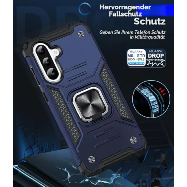 LeYi Handyhülle für Samsung Galaxy A36 5G, Militärische Schutzhülle mit 2 Schutzfolien, 360° Metall Ring Halter, Stoßfestes Hardcase, Blau – Bild 5