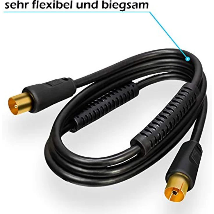 1m HB-DIGITAL HDTV Antennenkabel Anschlusskabel Koax Stecker auf Buchse vergoldet Koaxialkabel mit Mantelstromfilter mit 2x Ferritkern Schwarz – Bild 3
