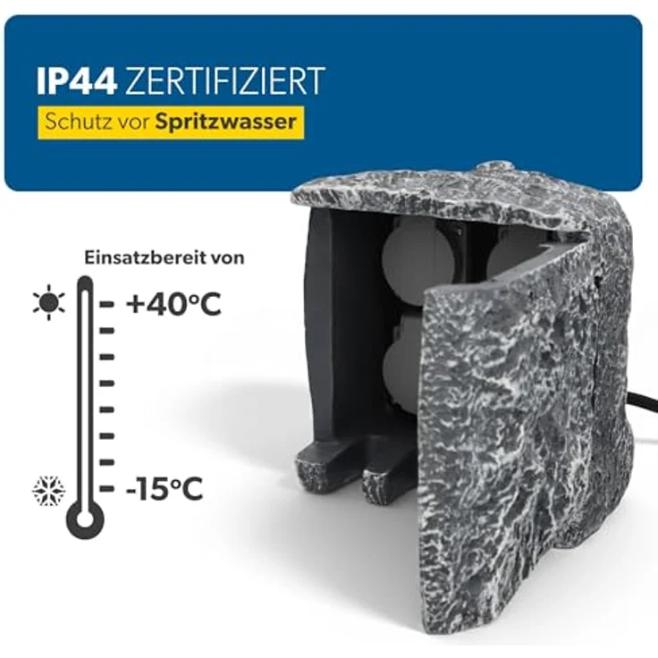 UNITEC Steckdosenverteiler für den Garten in Steinoptik, Gartensteckdose, Außensteckdose, IP 44, 4 Steckdosen Würfel – Bild 4