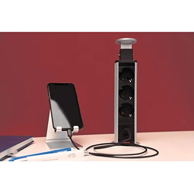 Unitec 30885 Versenkbare Steckdosenleiste vertikal | 2 USB Ladebuchsen | 3 Steckdosen | Befestigungsring | Anschlussleitung und Netzstecker – Bild 3