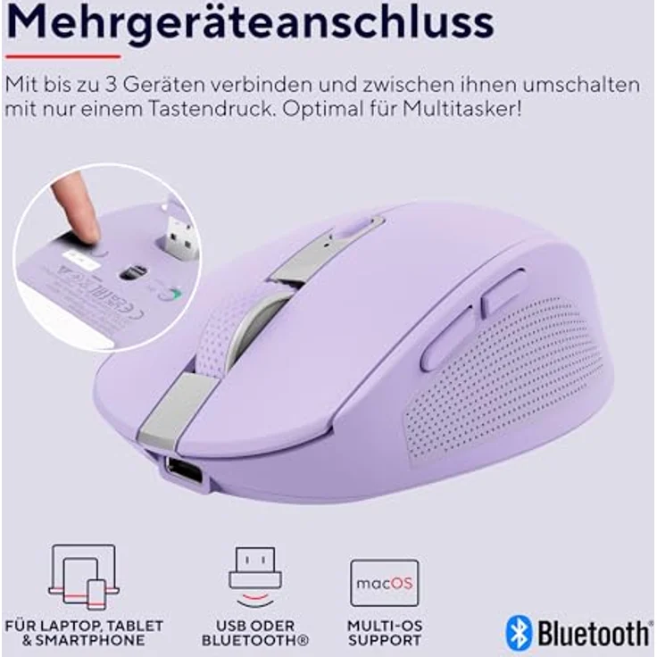 Trust Ozaa Leise Kabellose Maus Bluetooth + 2.4GHz, Kompakte Mehrgeräte Funkmaus, 60% Recyclingkunststoff, Wiederaufladbare Bluetooth Maus Laptop PC Computer Windows Android Mac - Purpur – Bild 3